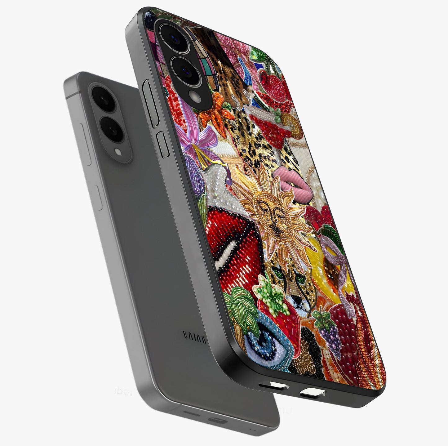 Beaded Fashion Jungle Glass Case displayed in angled mockup highlighting colorful fashion bead design and artistic pattern.