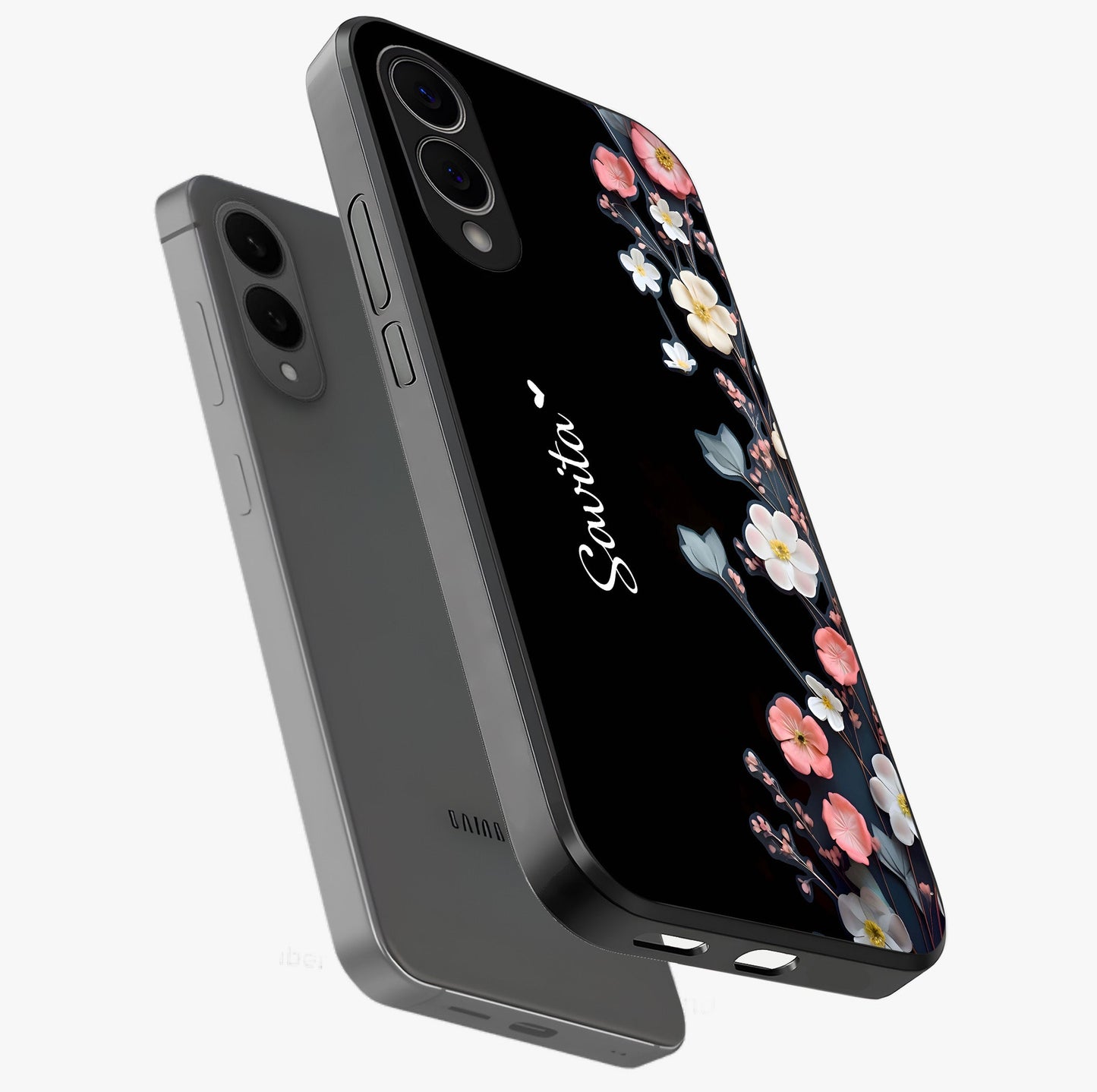 Black Elegance Floral Custom Name Glass Case displayed in angled mockup highlighting dark floral aesthetic and custom name feature.