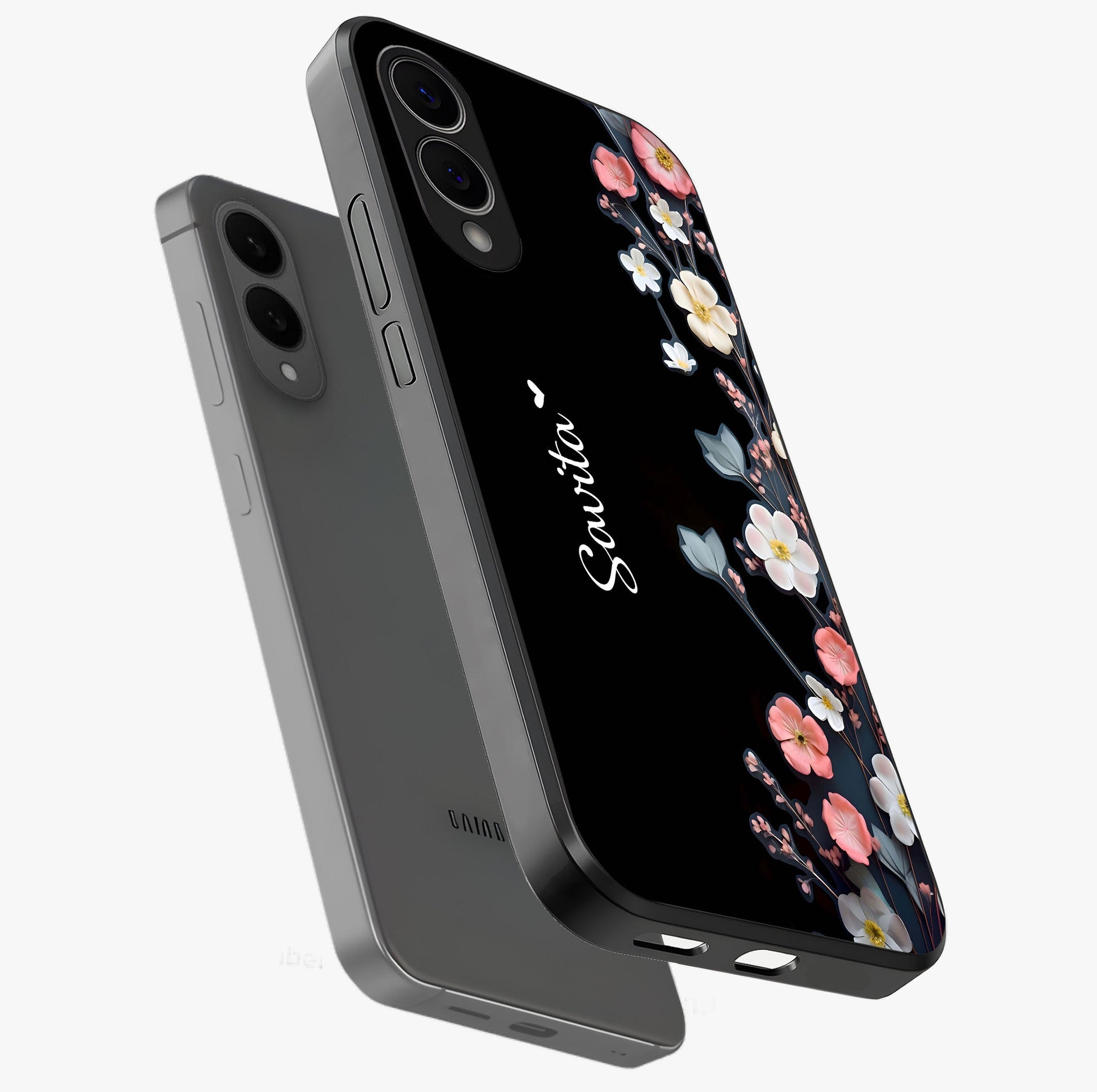 Black Elegance Floral Custom Name Glass Case displayed in angled mockup highlighting dark floral aesthetic and custom name feature.
