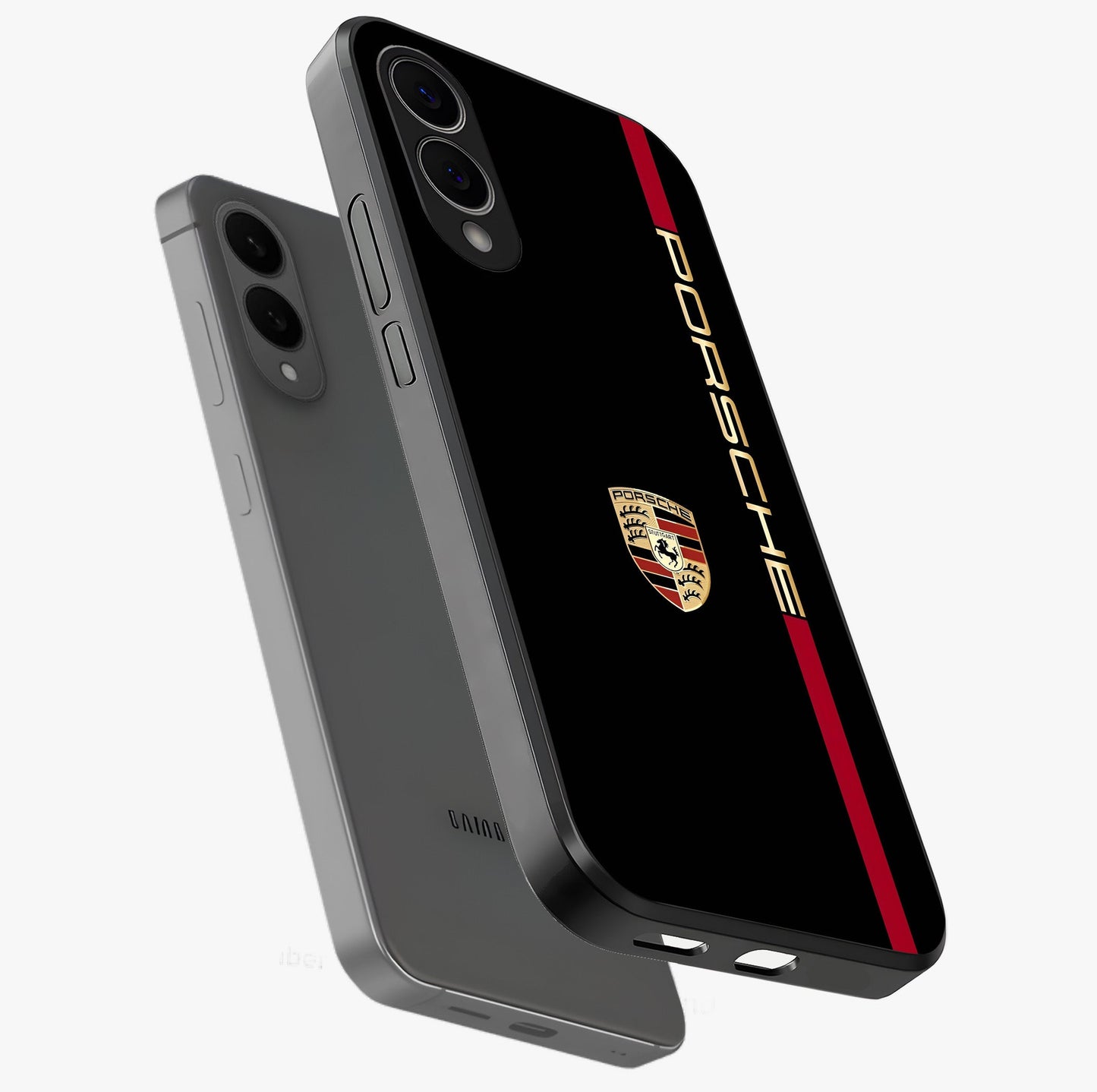 Black Minimal Porsche Glass Case displayed in angled mockup highlighting modern minimal car illustration and clean aesthetic design.