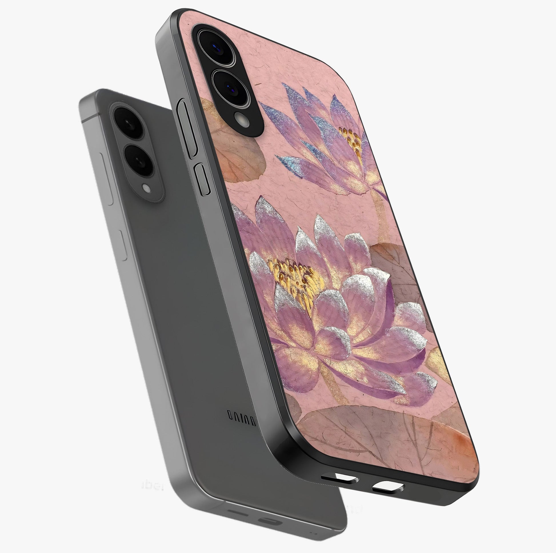 Blossom Mist Lotus Glass Case displayed in angled mockup highlighting delicate lotus illustration with calm aesthetic theme.