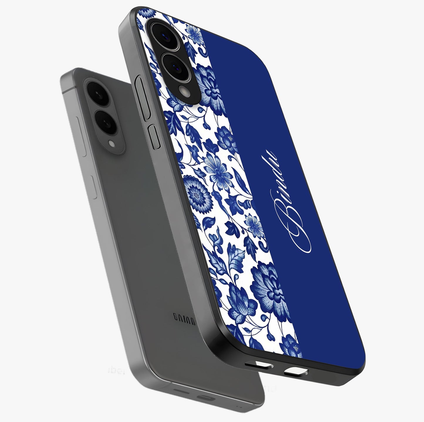 Blue Vintage Floral Pattern Glass Case displayed in angled mockup highlighting subtle bloom pattern with aesthetic pastel design.
