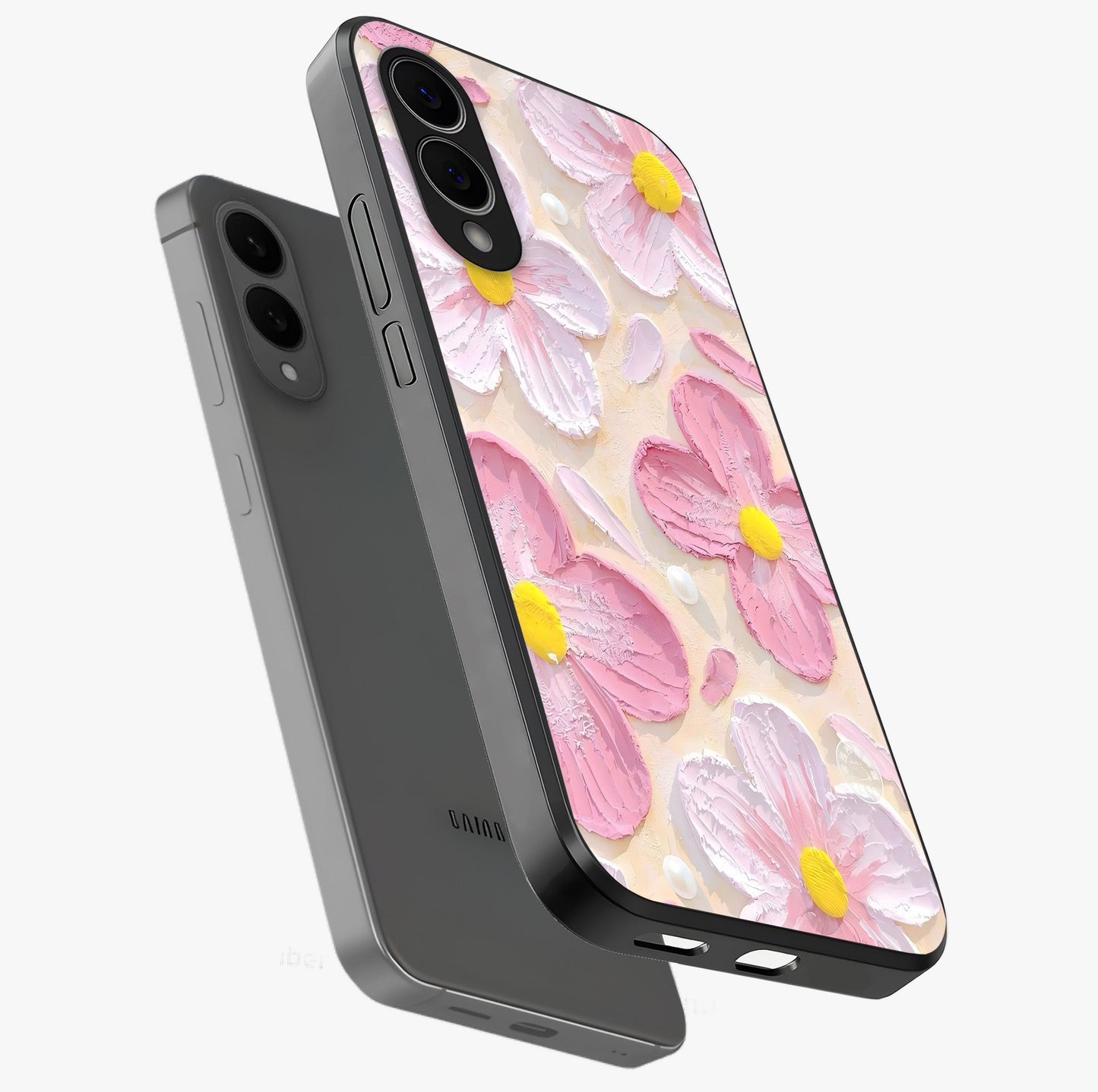Blush Bloom Texture Glass Case displayed in angled mockup highlighting subtle bloom pattern with aesthetic pastel design.