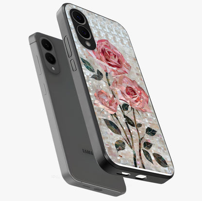 Blush Mosaic Bloom Glass Case displayed in angled mockup highlighting artistic mosaic flower pattern with aesthetic design.