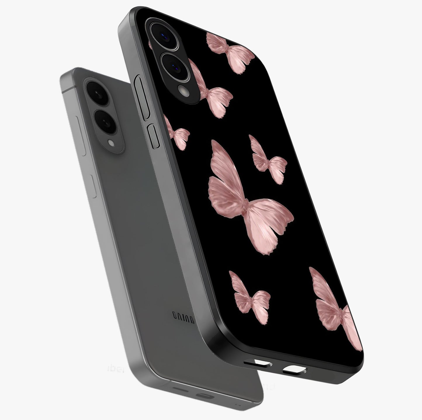 Butterfly Pattern Glass Case displayed in angled mockup highlighting delicate butterfly design and aesthetic pattern style.