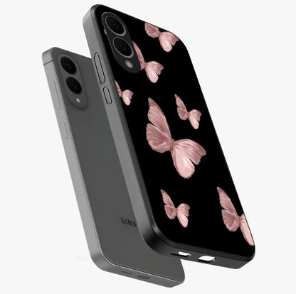 Butterfly Pattern Glass Case displayed in angled mockup highlighting delicate butterfly design and aesthetic pattern style.