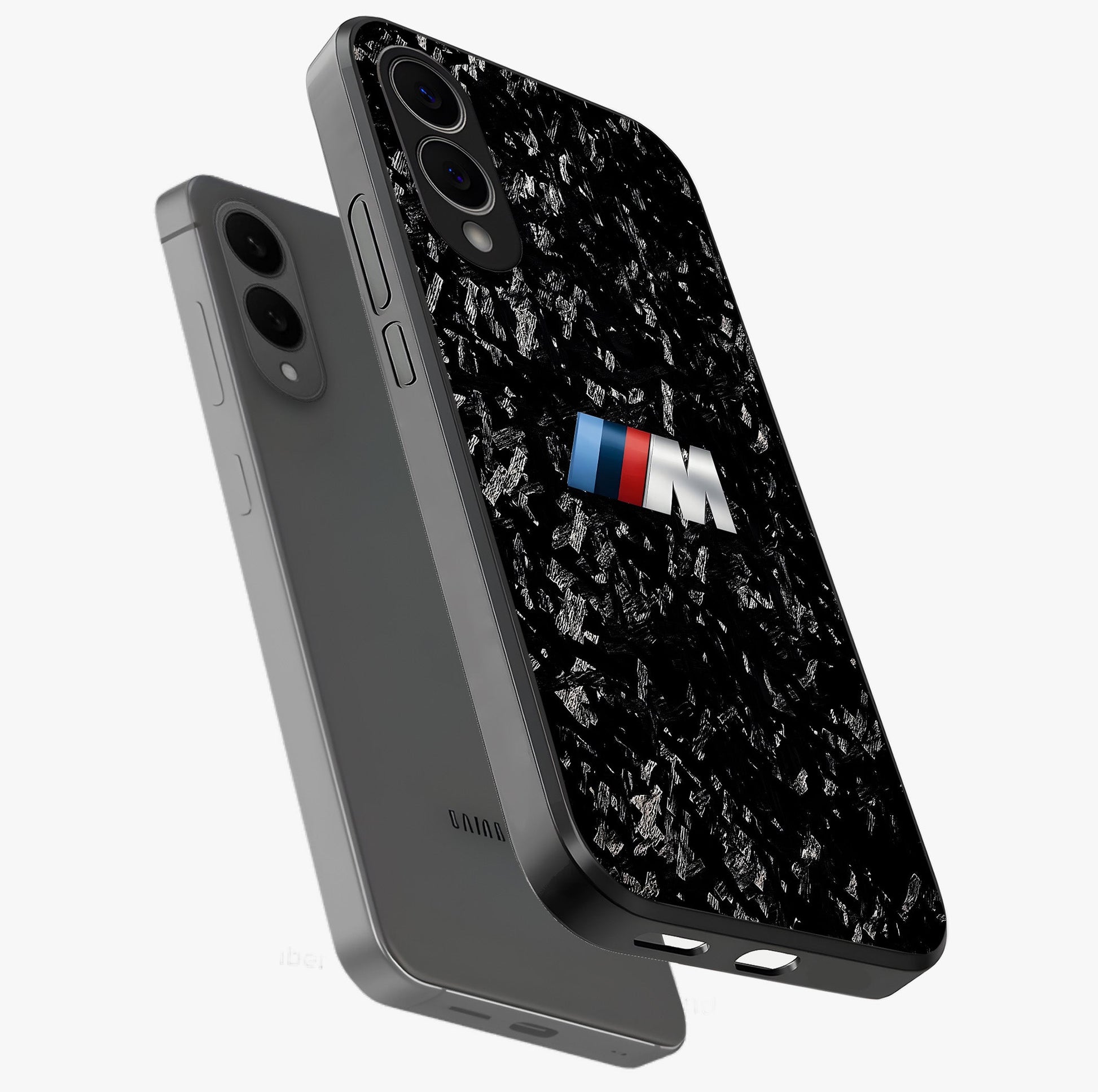 Carbon Speed Mark Glass Case displayed in angled mockup highlighting racing inspired carbon design and sleek aesthetic style.