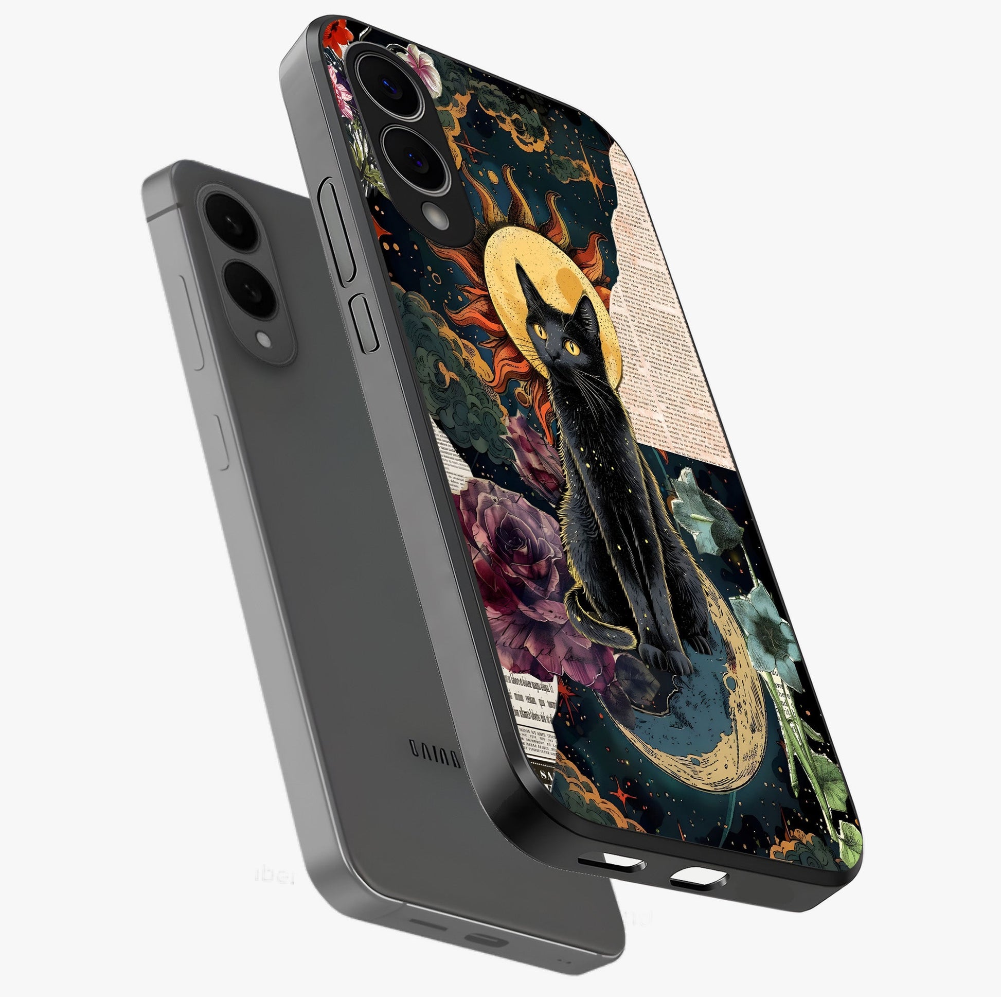 Celestial Black Cat Glass Case displayed in angled mockup highlighting cosmic black cat design with celestial aesthetic.