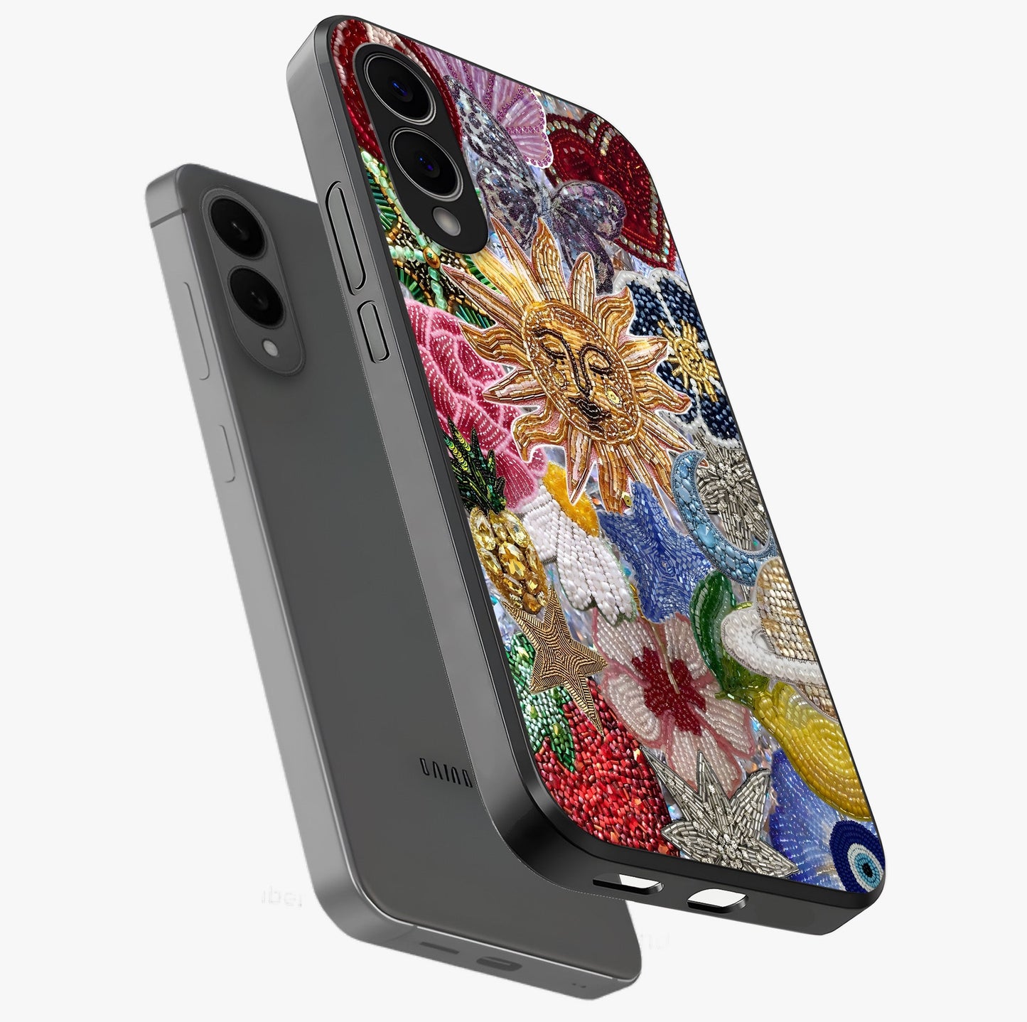 Celestial Floral and Playful Glass Case displayed in angled mockup highlighting playful floral design with dreamy celestial elements.