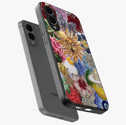 Celestial Floral and Playful Glass Case displayed in angled mockup highlighting playful floral design with dreamy celestial elements.