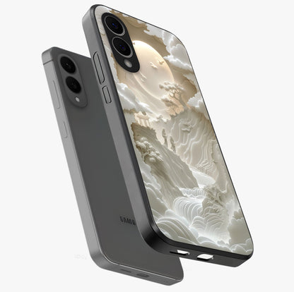 Celestial Origami Glass Case displayed in angled mockup highlighting geometric origami design with cosmic aesthetic theme.