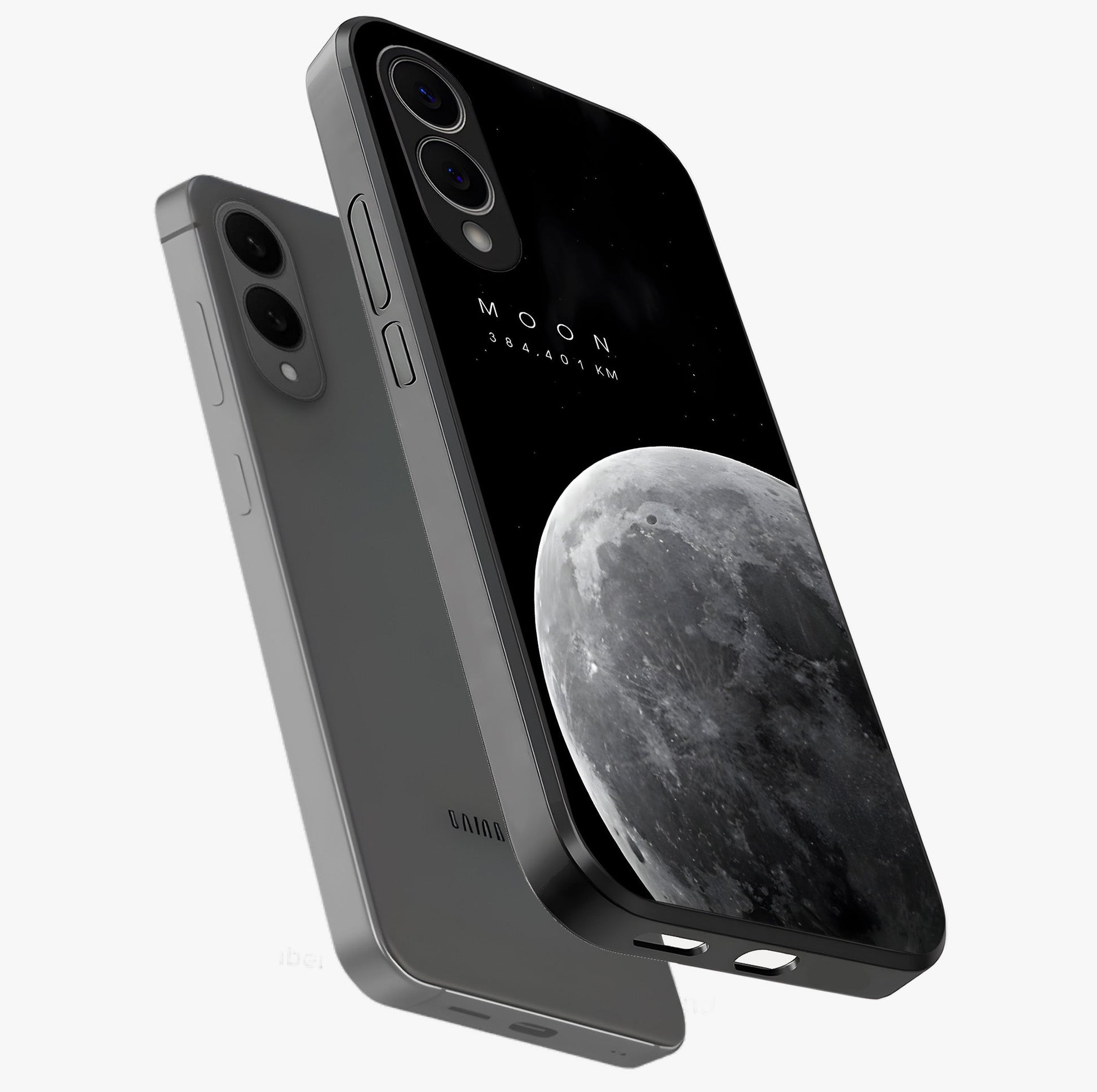 Cosmic Moon Glow Glass Case displayed in angled mockup highlighting celestial moon design with cosmic aesthetic theme.