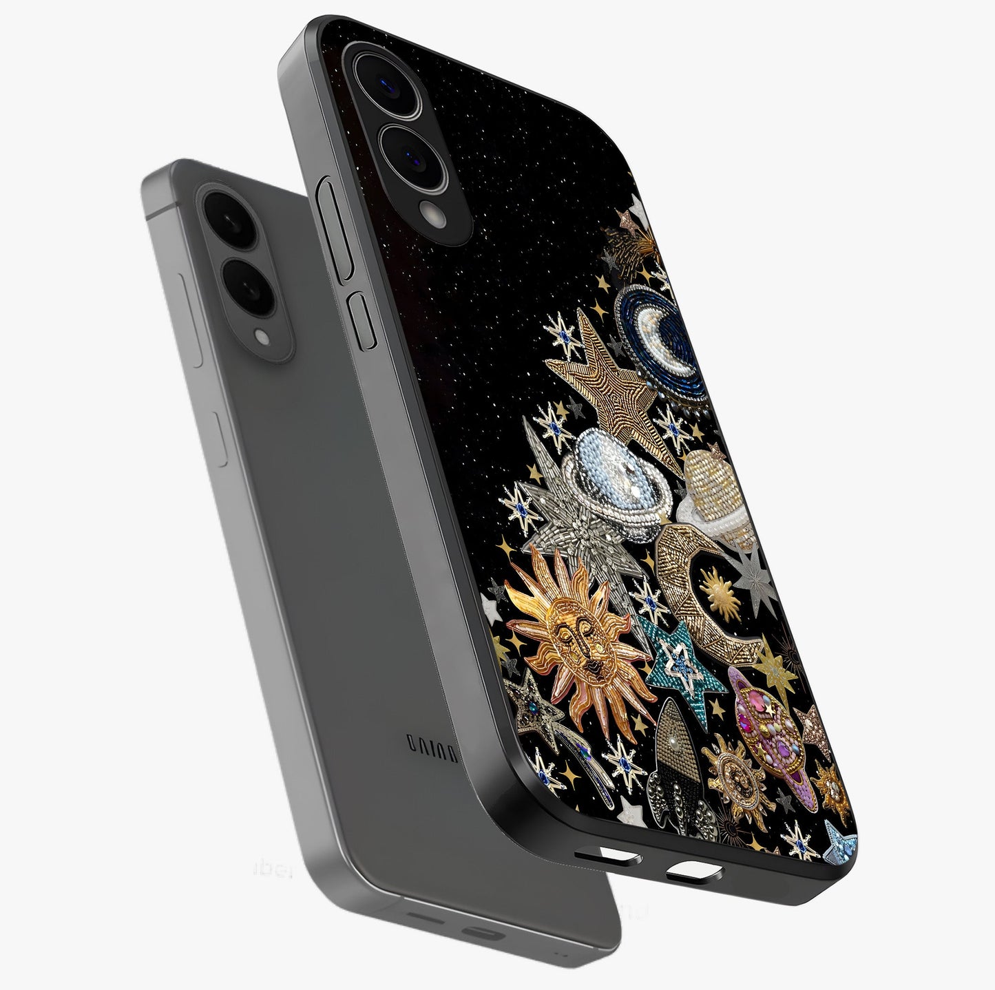 Cosmic Sparkle Dreams Glass Case displayed in angled mockup highlighting dreamy star sparkle design with celestial aesthetic.