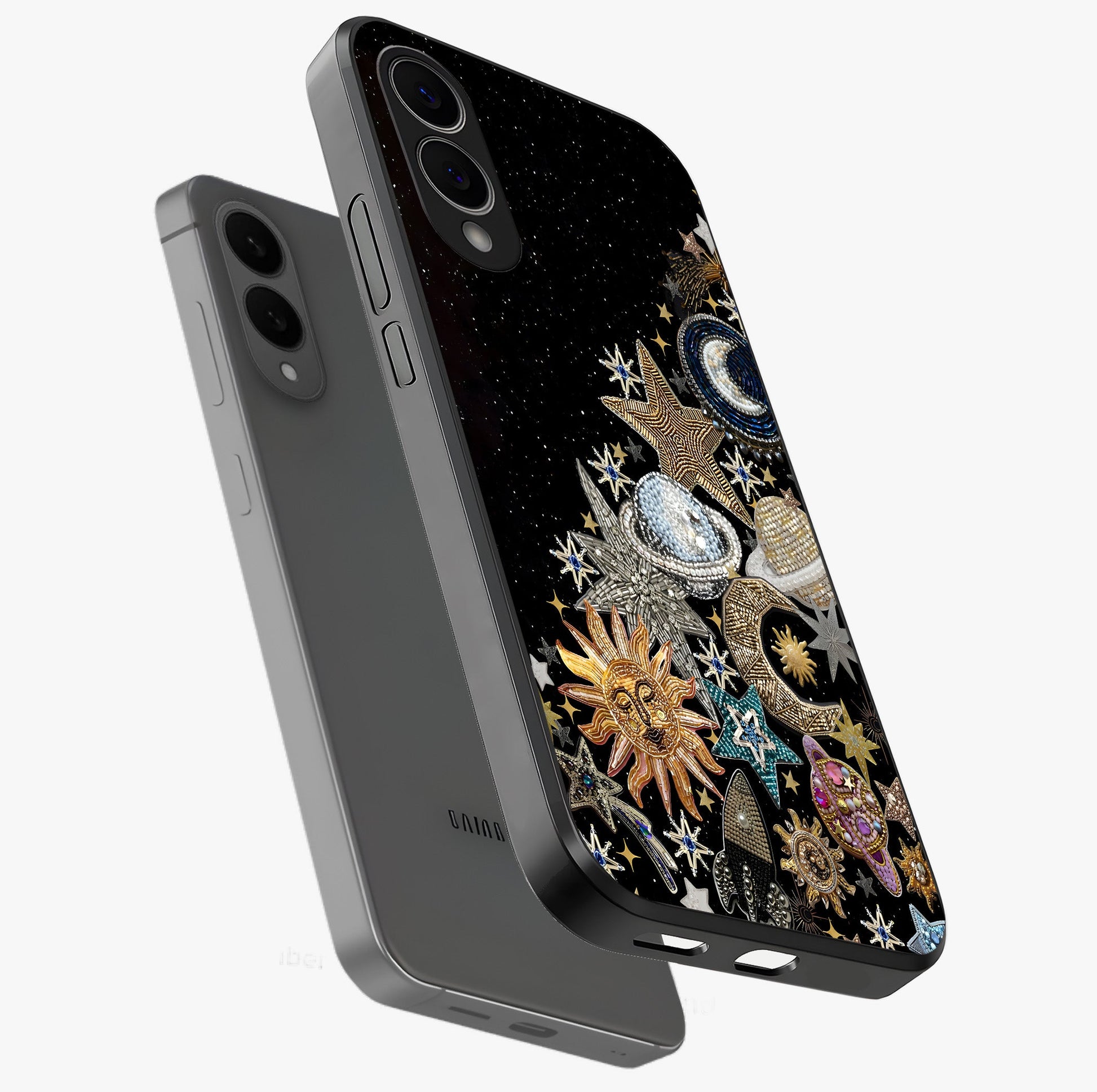 Cosmic Sparkle Dreams Glass Case displayed in angled mockup highlighting dreamy star sparkle design with celestial aesthetic.