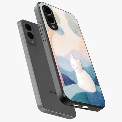 Cotton Dream Cat Glass Case displayed in angled mockup highlighting cute feline illustration with pastel aesthetic style.
