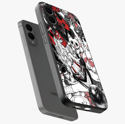 Crimson Chaos Panel Glass Case displayed in angled mockup highlighting chaotic panel style design with modern graphic theme.