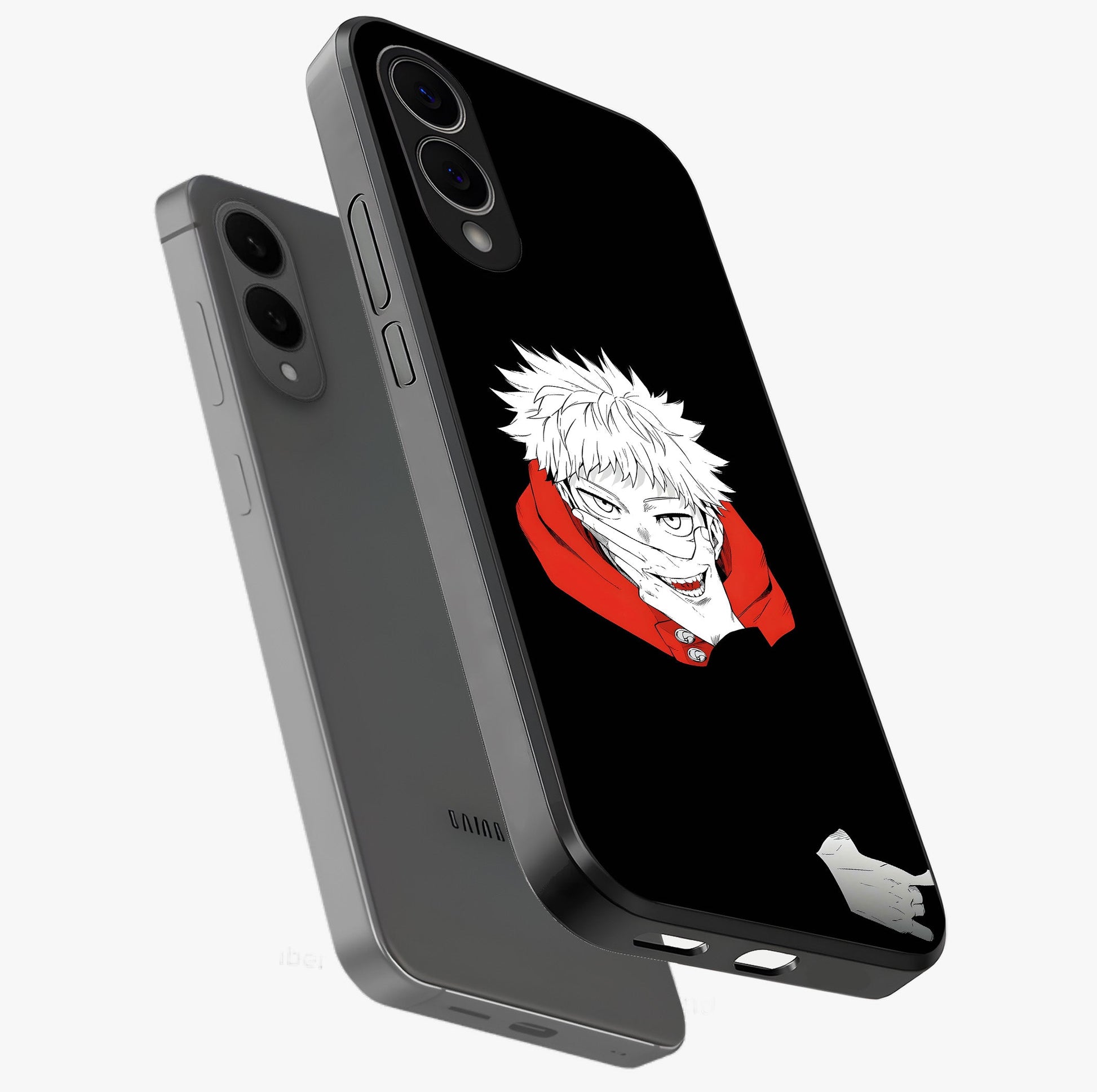 Crimson Chaos Smile Glass Case displayed in angled mockup highlighting edgy crimson smile design with graphic aesthetic.