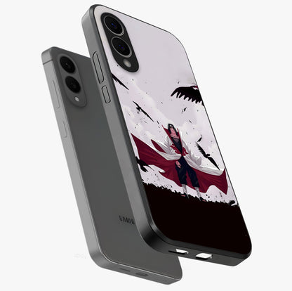 Crimson Crow Ascension Glass Case displayed in angled mockup highlighting powerful crow illustration with dark crimson aesthetic.