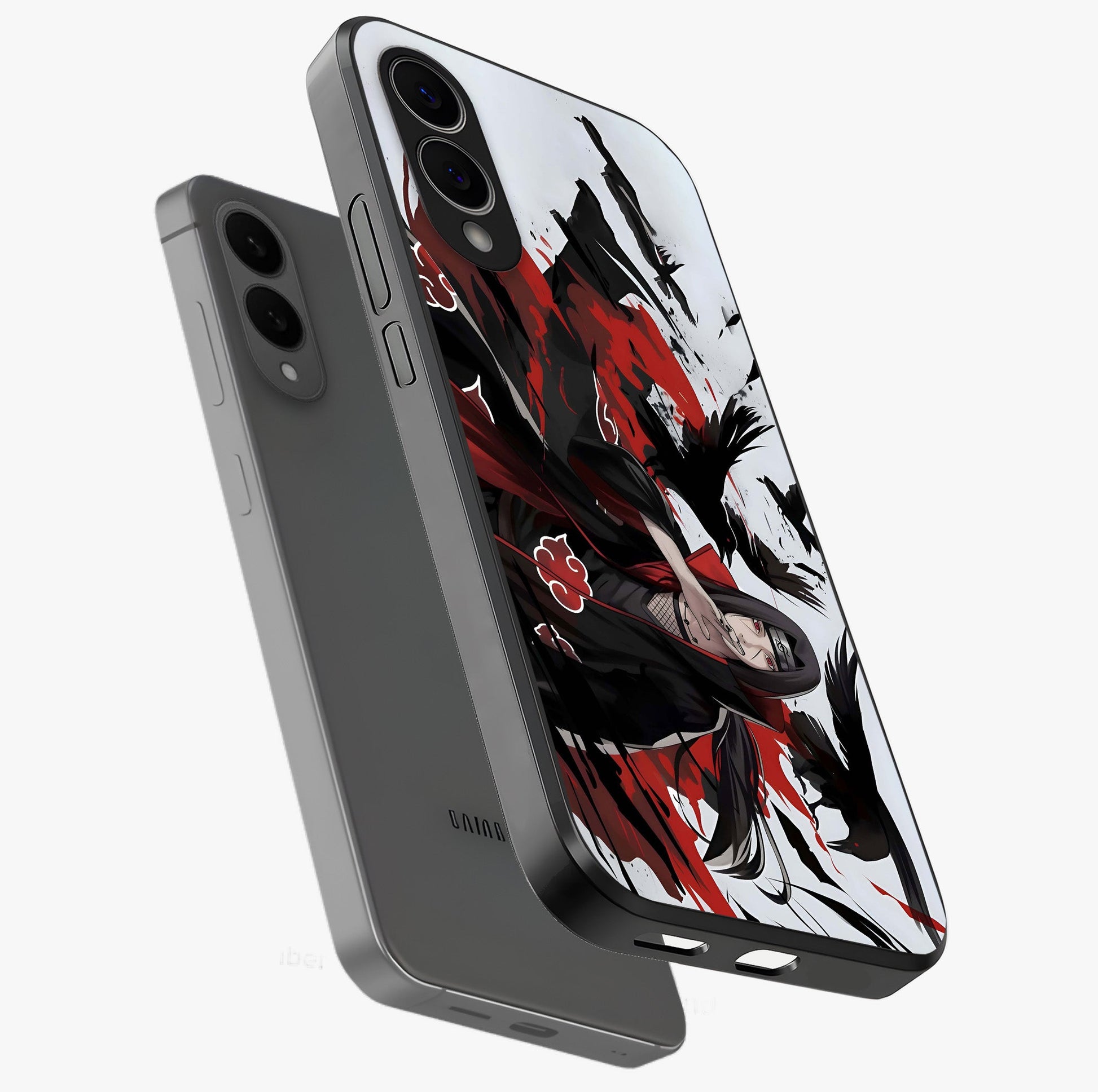 Crimson Crow Illusion Glass Case displayed in angled mockup highlighting mysterious crow graphic with dark aesthetic style.