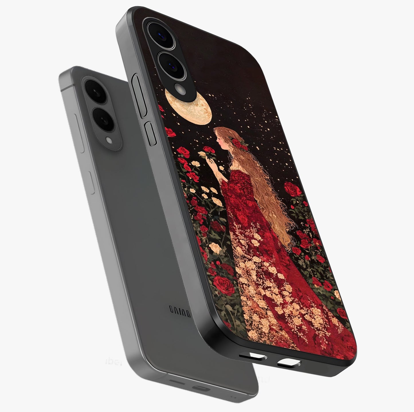 Crimson Dreams Glass Case displayed in angled mockup highlighting soft crimson aesthetic design with artistic theme.