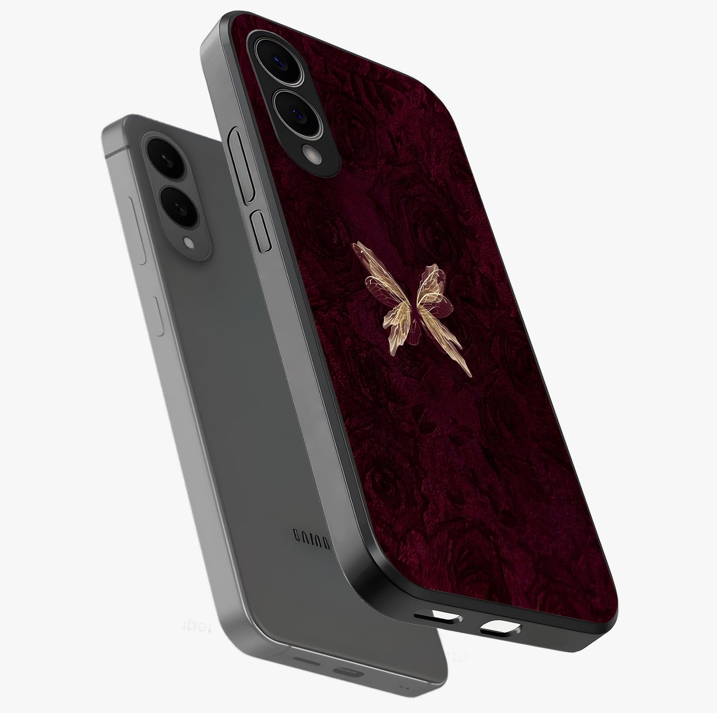 Crimson Fade Butterfly Glass Case displayed in angled mockup highlighting elegant butterfly design with crimson gradient aesthetic.