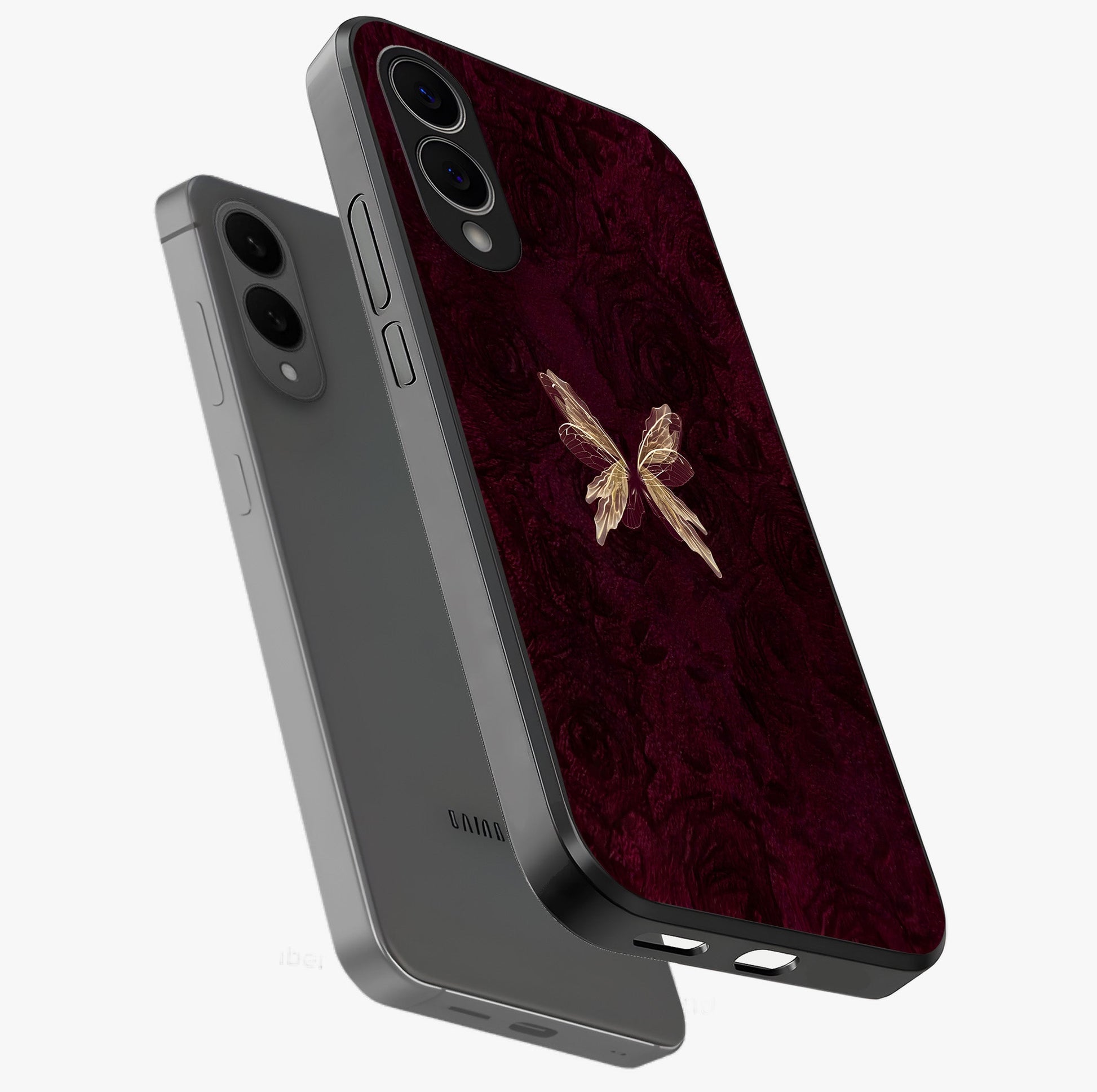 Crimson Fade Butterfly Glass Case displayed in angled mockup highlighting elegant butterfly design with crimson gradient aesthetic.