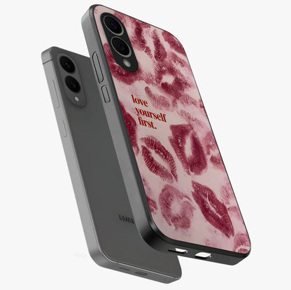 Crimson Kiss Love Glass Case displayed in angled mockup highlighting bold love inspired design with modern aesthetic style.