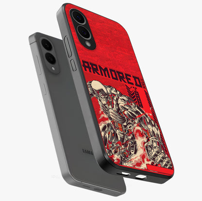 Crimson Mecha Titan Glass Case displayed in angled mockup highlighting futuristic mech illustration with bold crimson aesthetic.