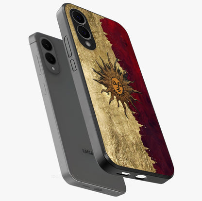 Crimson Sun Majesty Glass Case displayed in angled mockup highlighting majestic crimson sun design with bold aesthetic style.