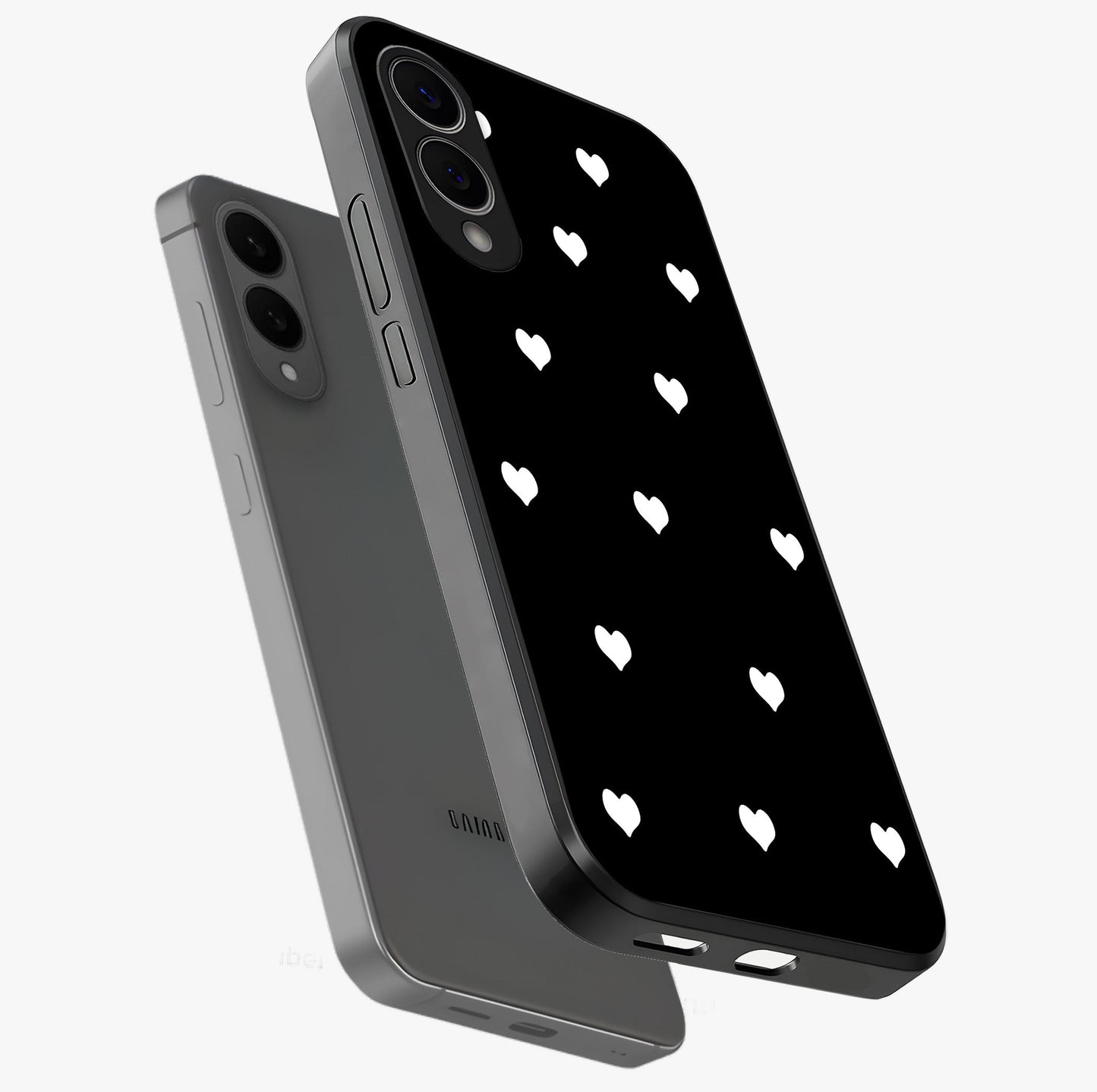 Cute And Simple White Hearts Glass Case displayed in angled mockup highlighting cute heart design with clean aesthetic style.