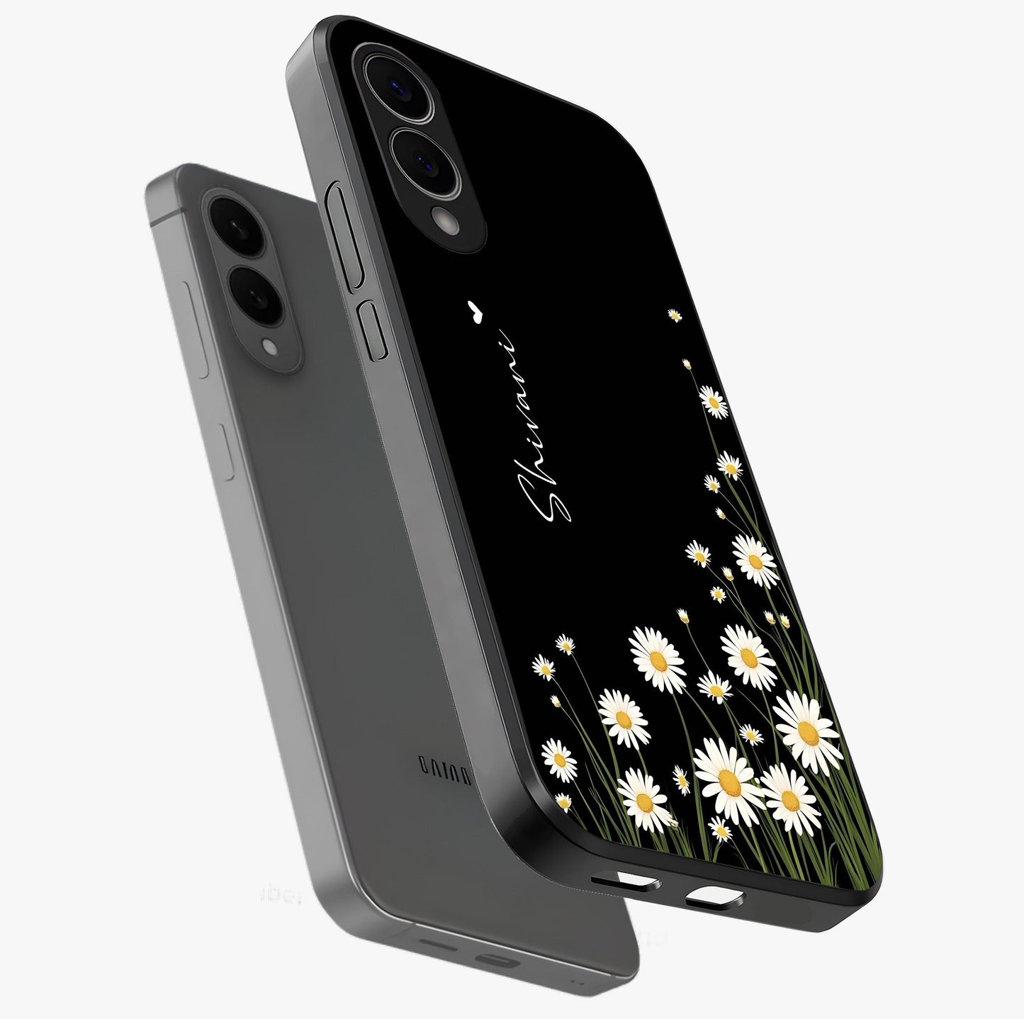 Daisy Cascade Custom Name Glass Case displayed in angled mockup highlighting delicate daisy artwork with custom name feature.