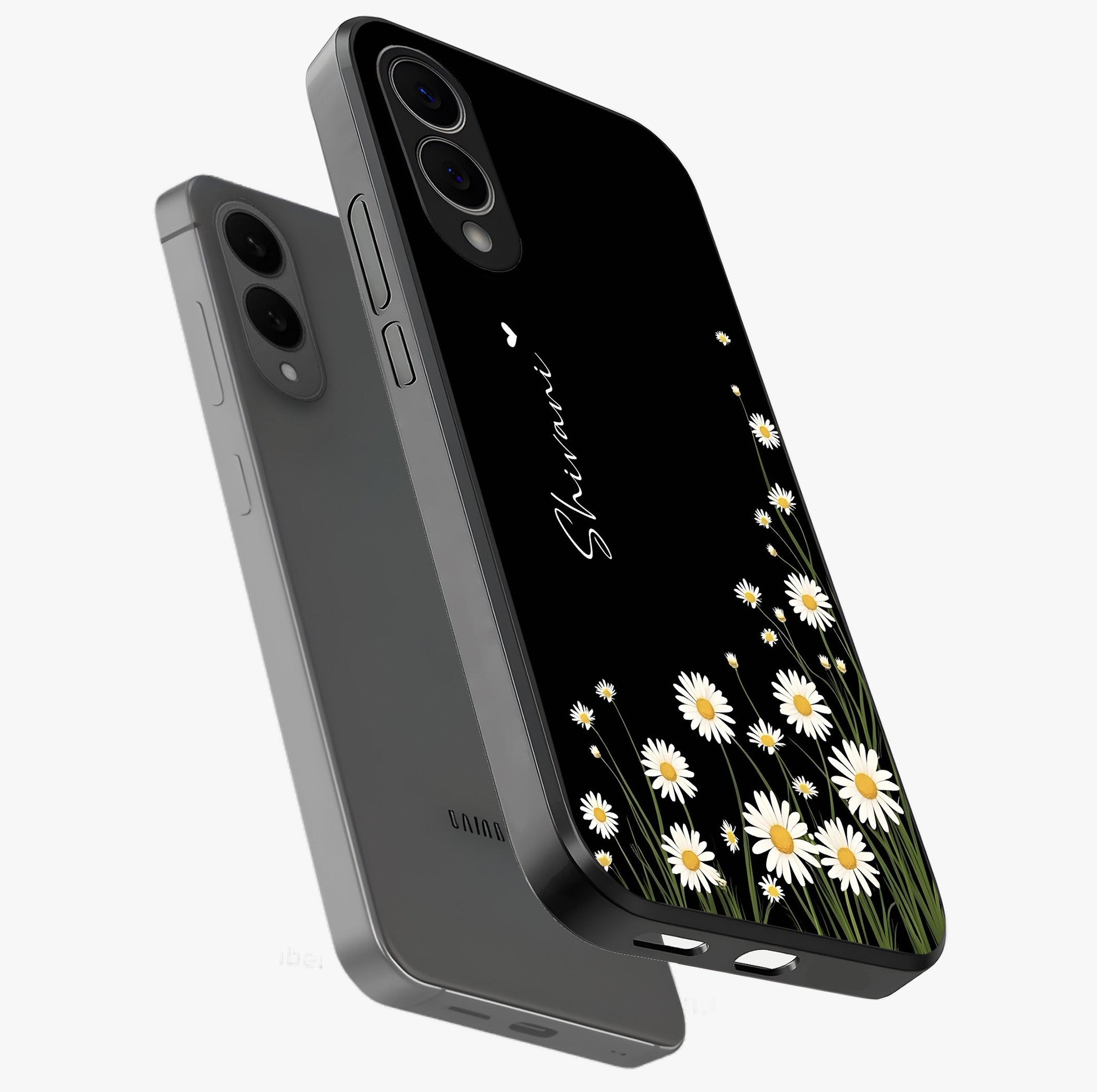 Daisy Cascade Custom Name Glass Case displayed in angled mockup highlighting delicate daisy artwork with custom name feature.