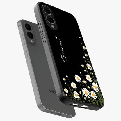 Daisy Cascade Custom Name Glass Case displayed in angled mockup highlighting delicate daisy artwork with custom name feature.