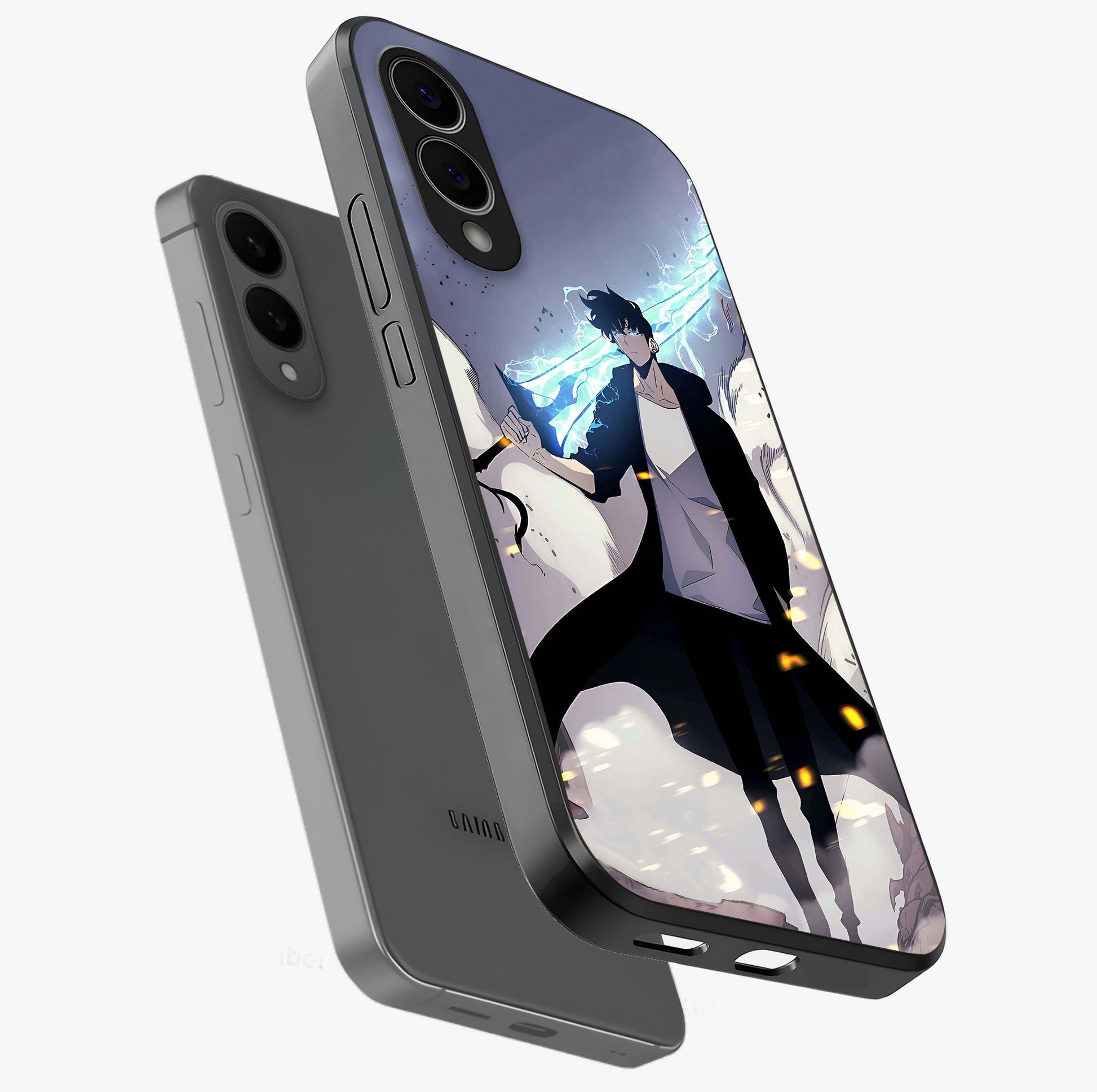 Dark Lightning Anime Warrior Glass Case displayed in angled mockup highlighting powerful lightning themed anime illustration.