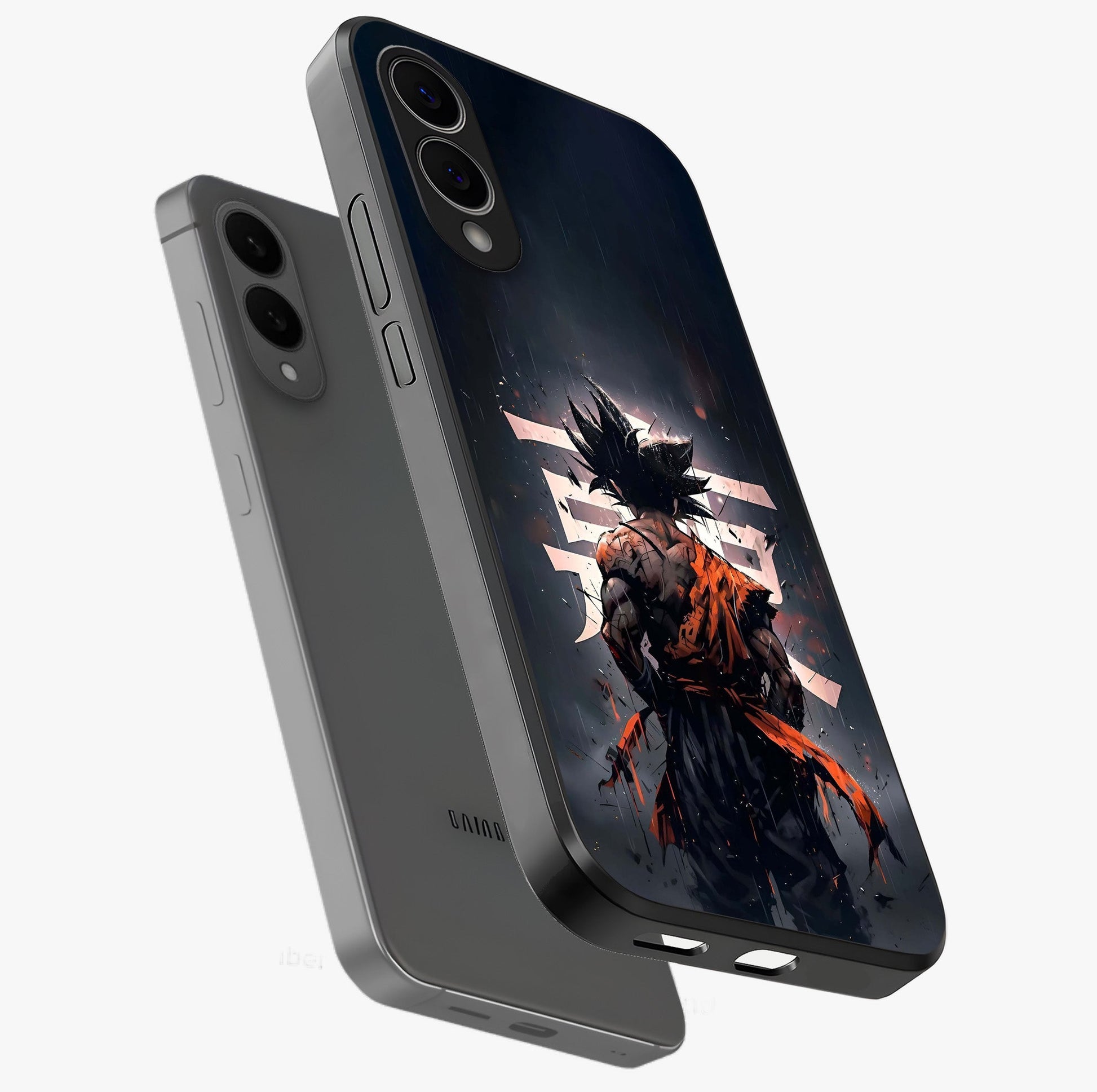 Dark Warrior In Rain Glass Case displayed in angled mockup highlighting dramatic warrior illustration with dark rain aesthetic.