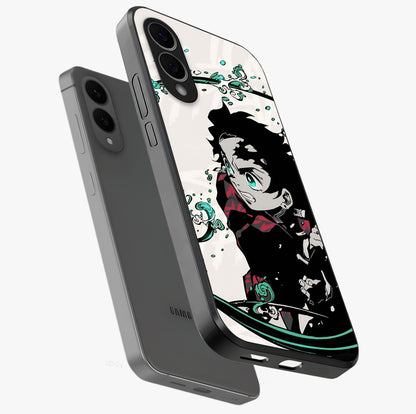 Demon Slayer Glass Case displayed in angled mockup highlighting dramatic anime character design with action aesthetic.