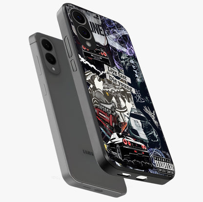 Die Young Glass Case displayed in angled mockup highlighting expressive graphic artwork with edgy aesthetic style.