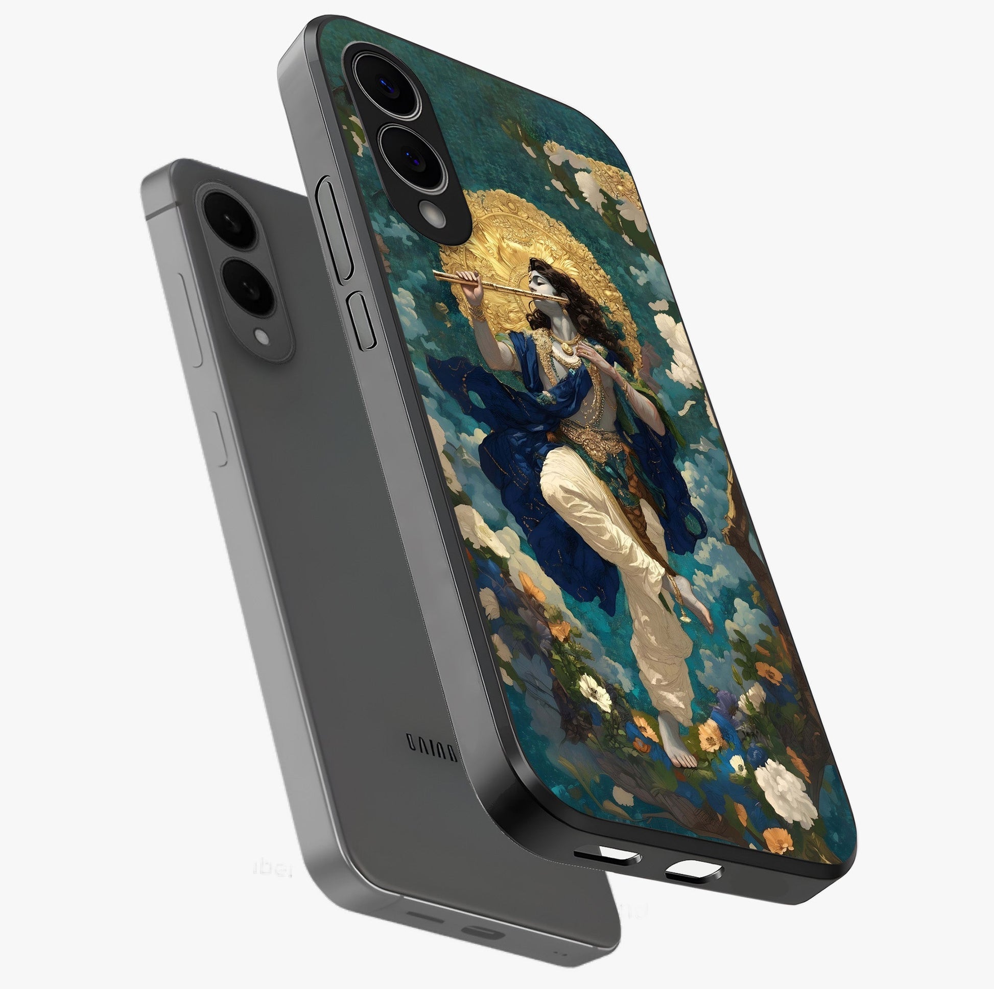 Divine Krishna Art Glass Case displayed in angled mockup highlighting spiritual Krishna illustration with devotional aesthetic.