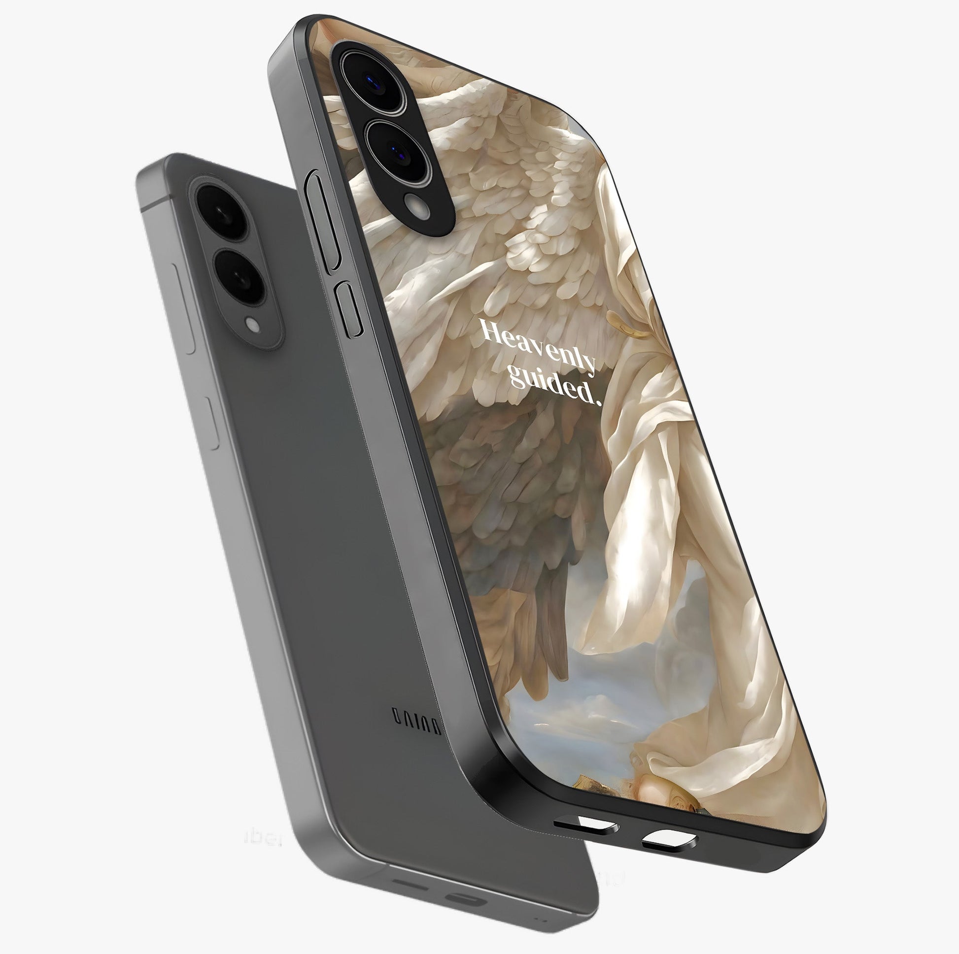 Divine Winged Grace Glass Case displayed in angled mockup highlighting graceful wing design with divine aesthetic style.