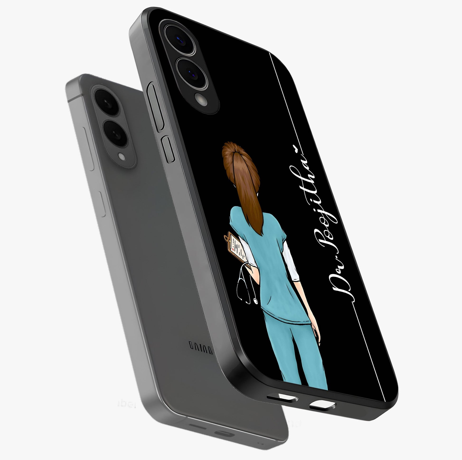Doctor Pattern Custom Name Glass Case displayed in angled mockup highlighting doctor inspired artwork with custom name feature.