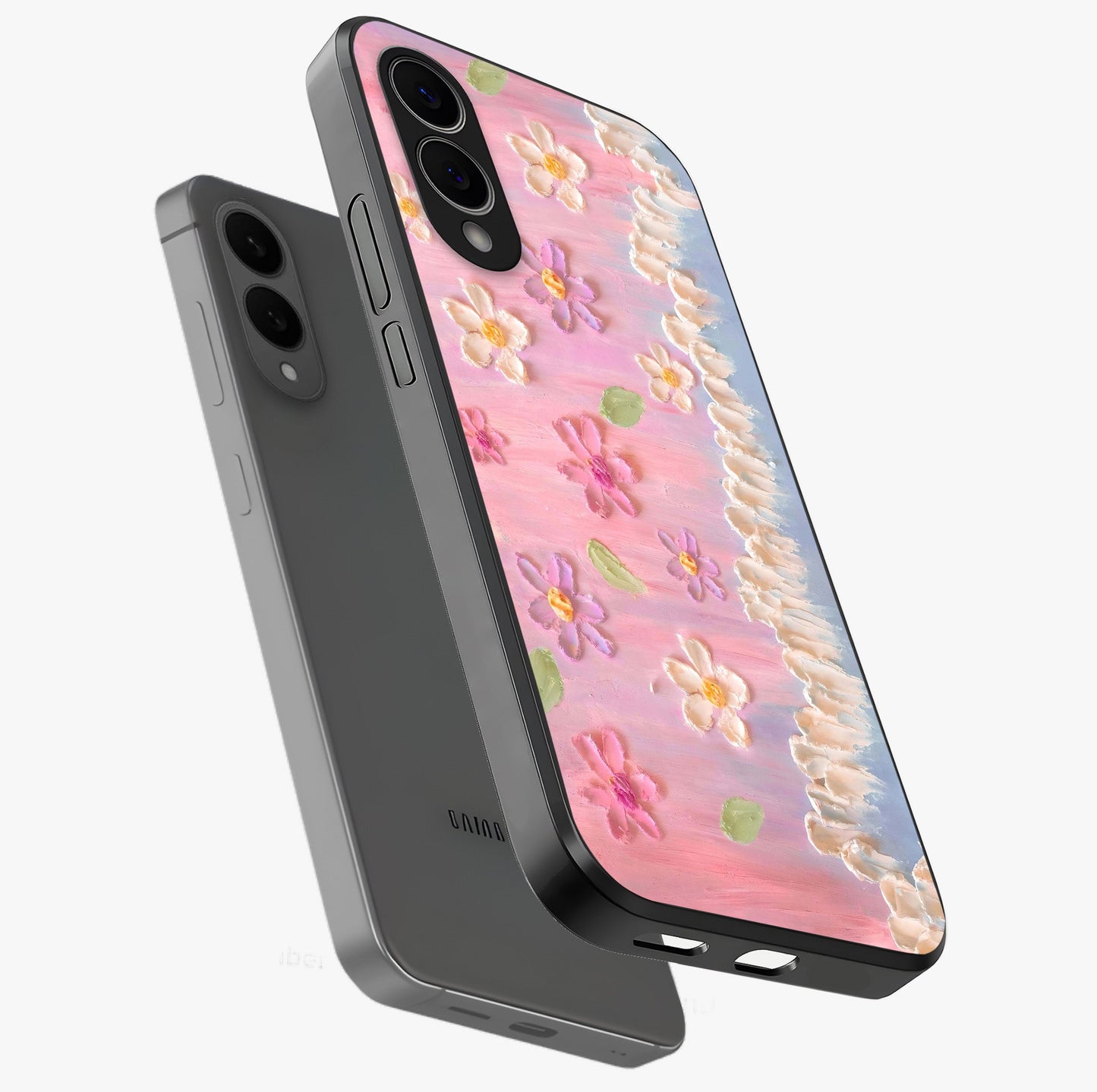 Dreamy Painted Garden Glass Case displayed in angled mockup highlighting colorful garden illustration with dreamy aesthetic style.