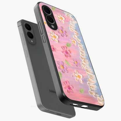 Dreamy Painted Garden Glass Case displayed in angled mockup highlighting colorful garden illustration with dreamy aesthetic style.