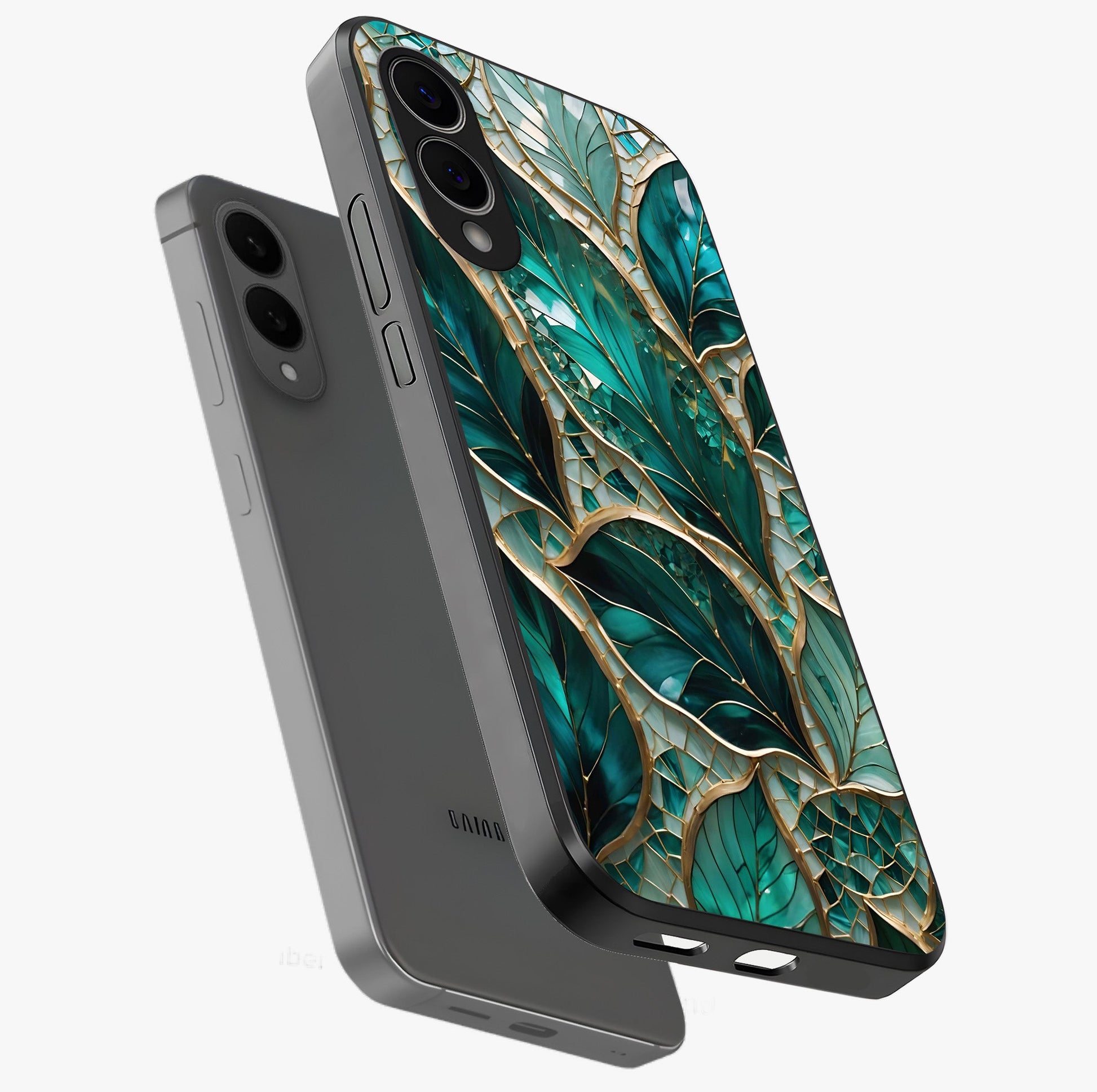 Emerald Leaf Glass Glass Case displayed in angled mockup highlighting botanical leaf illustration with elegant natural aesthetic.