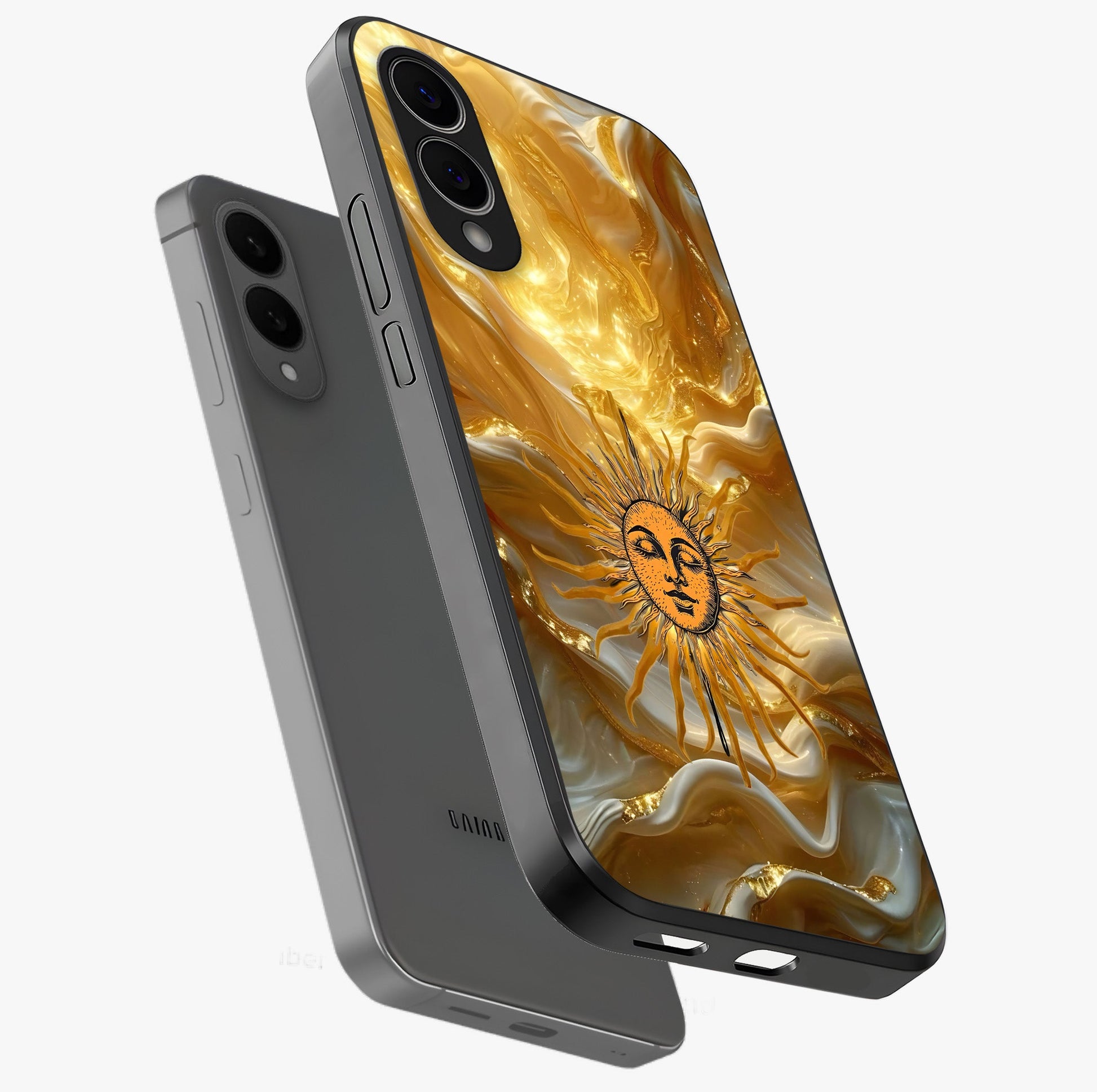 Eternal Golden Glow Glass Case displayed in angled mockup highlighting glowing golden aesthetic design with elegant style.