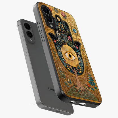 Ethereal Evil Eye Glass Case displayed in angled mockup highlighting protective evil eye symbol with spiritual aesthetic design.