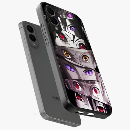 Eyes of Destiny Glass Case displayed in angled mockup highlighting bold eye illustration with mystical aesthetic style.
