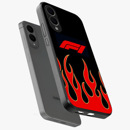 Fire F11 Glass Case displayed in angled mockup highlighting bold fire inspired graphic with energetic aesthetic style.
