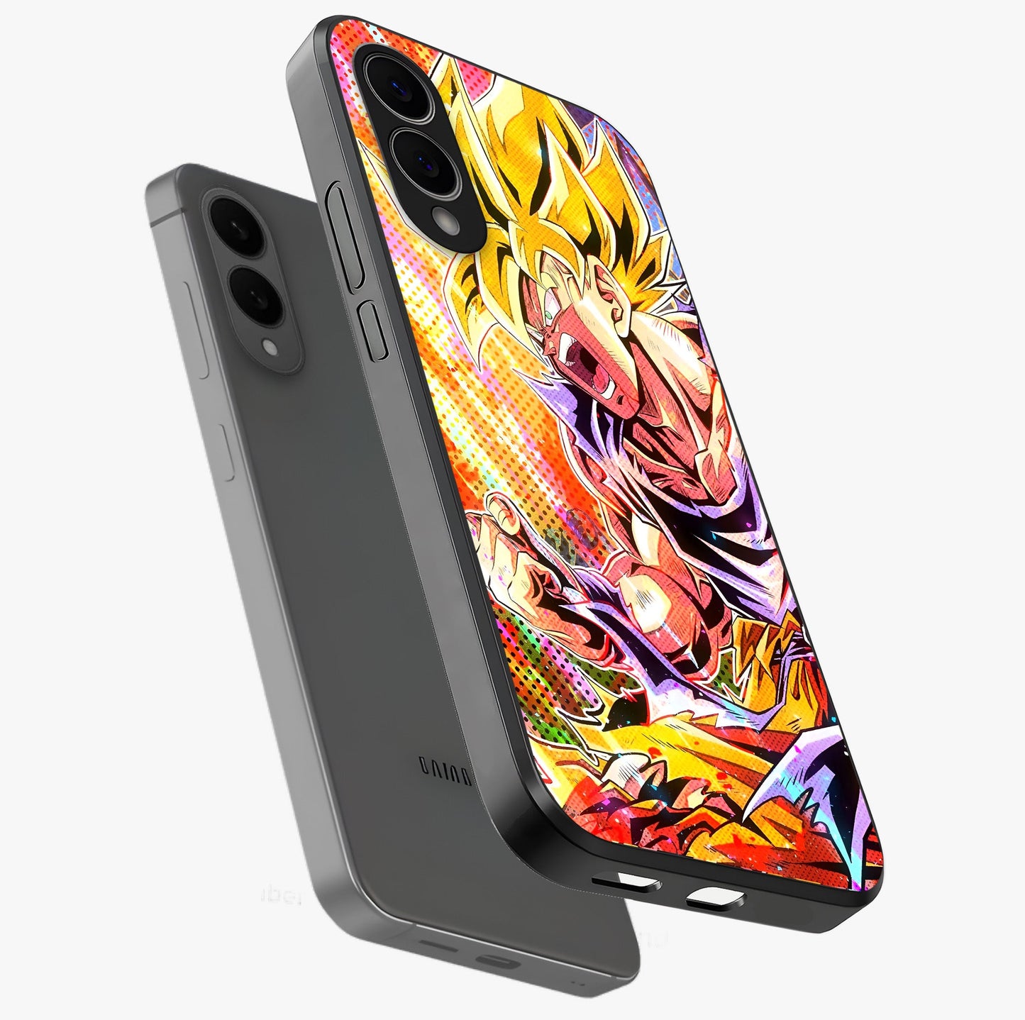 Firing Goku Glass Case displayed in angled mockup highlighting dynamic anime character design with action aesthetic.