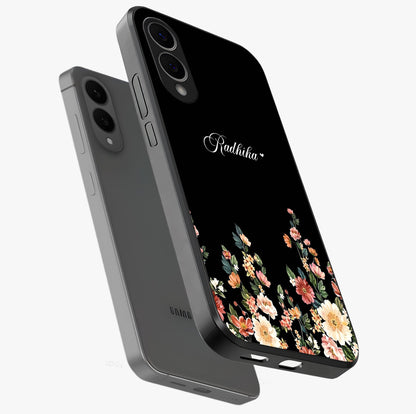 Floral Design With a Custom Personalized Name Glass Case displayed in angled mockup highlighting elegant floral pattern with custom name feature.