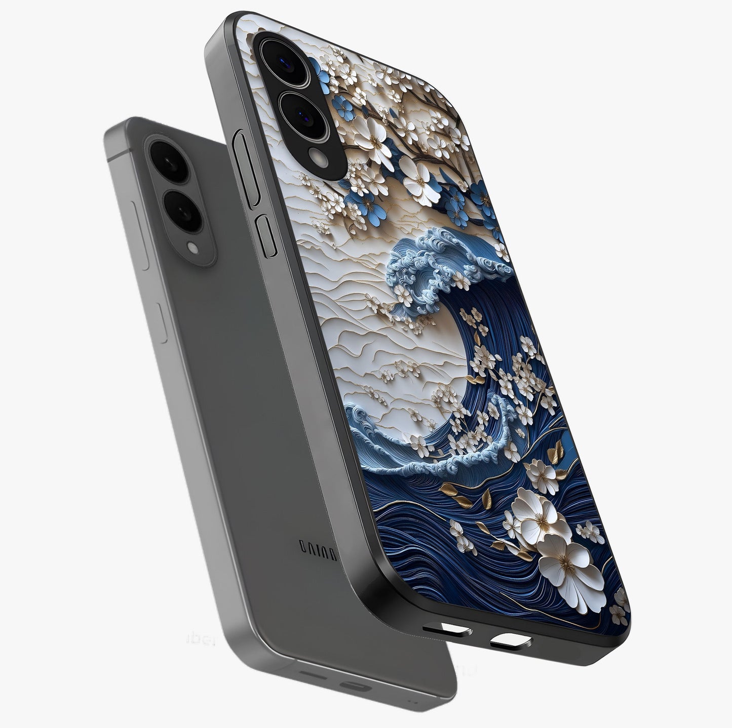 Floral Wave Origami Glass Case displayed in angled mockup highlighting geometric origami flower design with modern aesthetic style.
